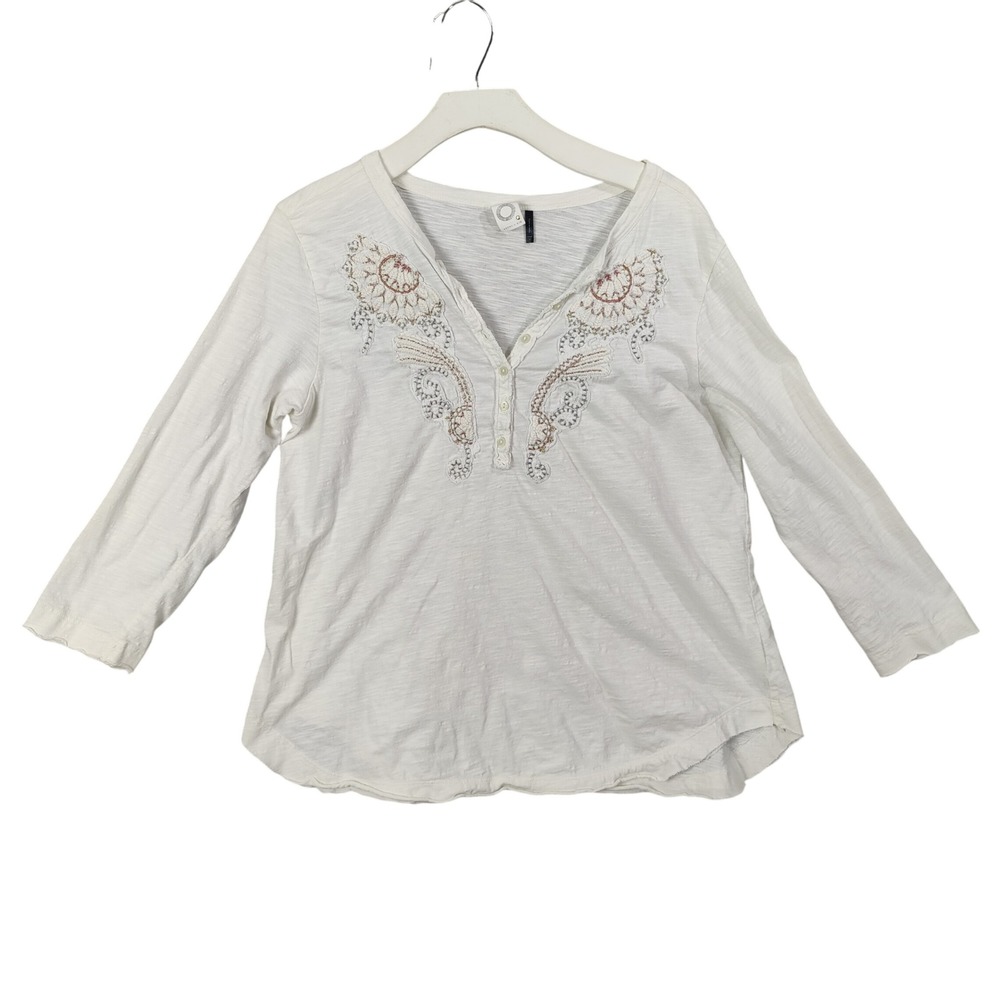 Anthropologie White Embroidered Long Sleeve Henley Top | Boho Chic Blouse